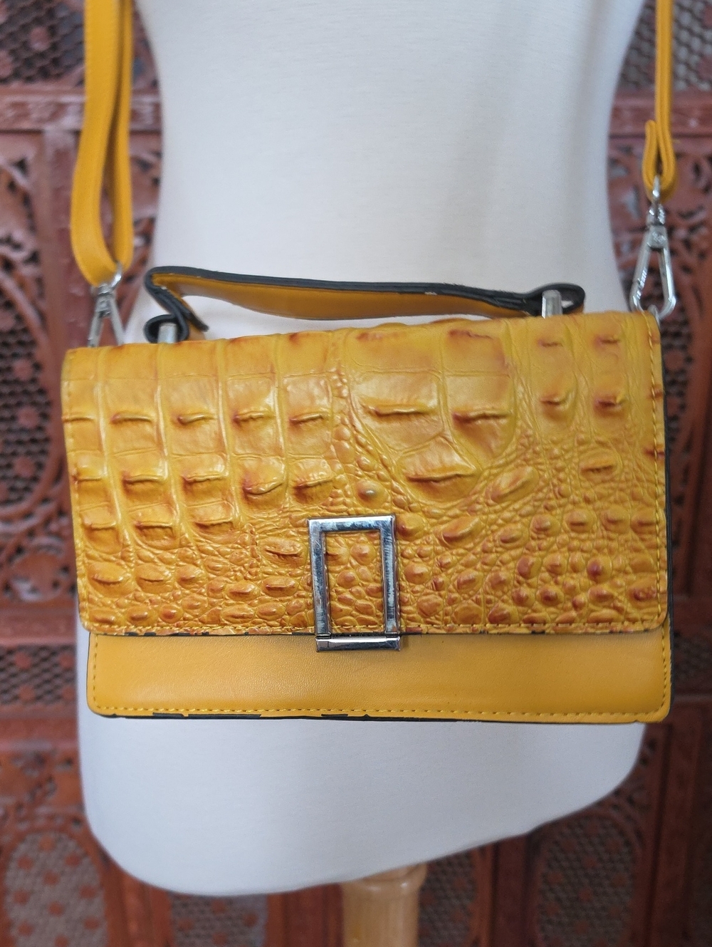 Yellow Croc-Embossed Shoulder Bag - Women
